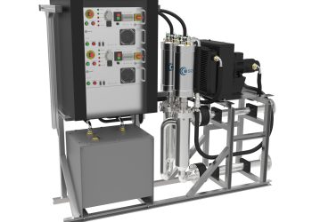 Ultraschall-Anlage: zwei Ultraschallgeber im Doppelreaktor für kontinuierlichen Durchfluss.