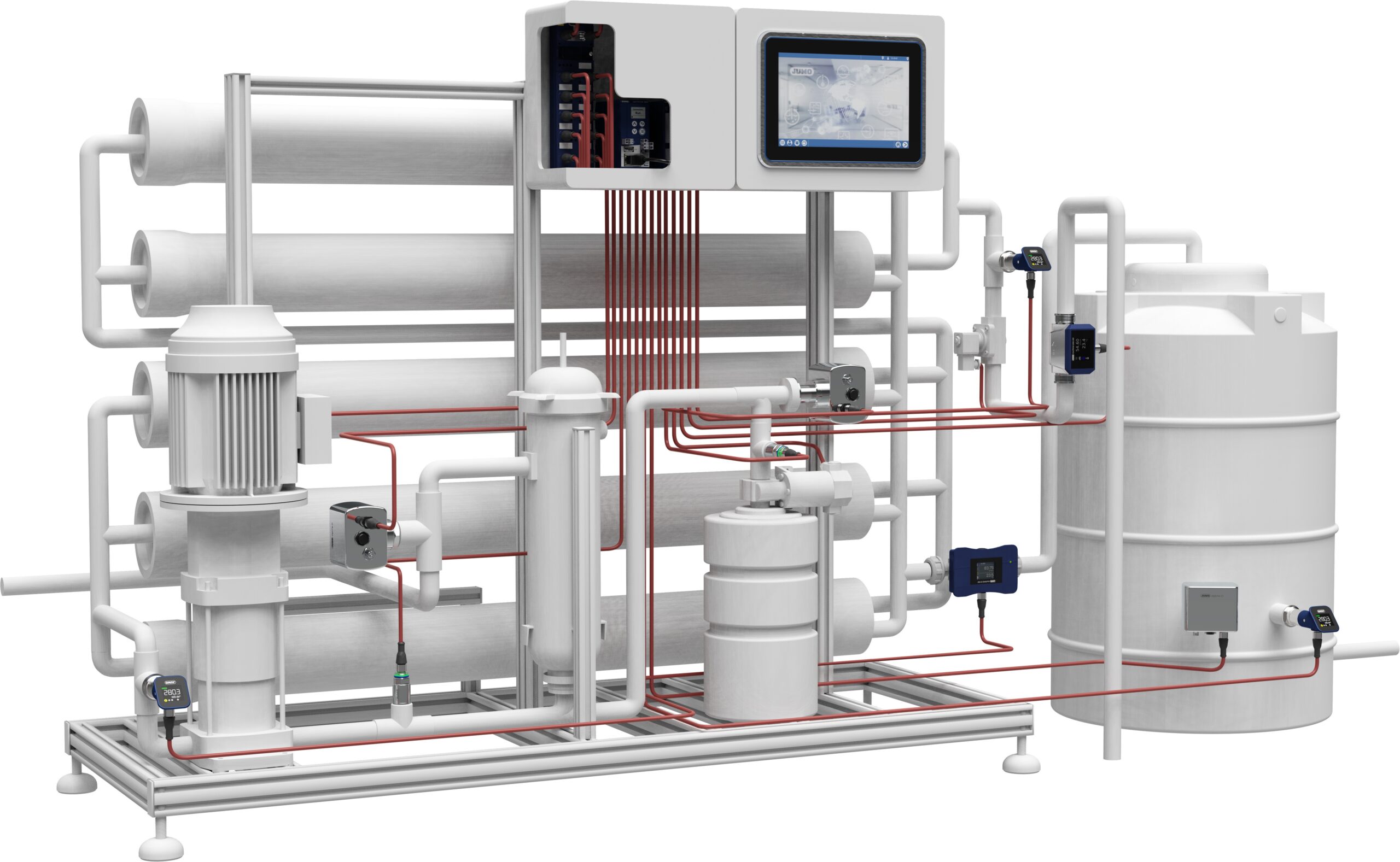RO-Anlage: Eine klassische RO-Anlage als kompakte Skid-Lösung, komplett betriebsbereit mit JUMO-Sensoren und dem Automatisierungssystem JUMO variTRON.