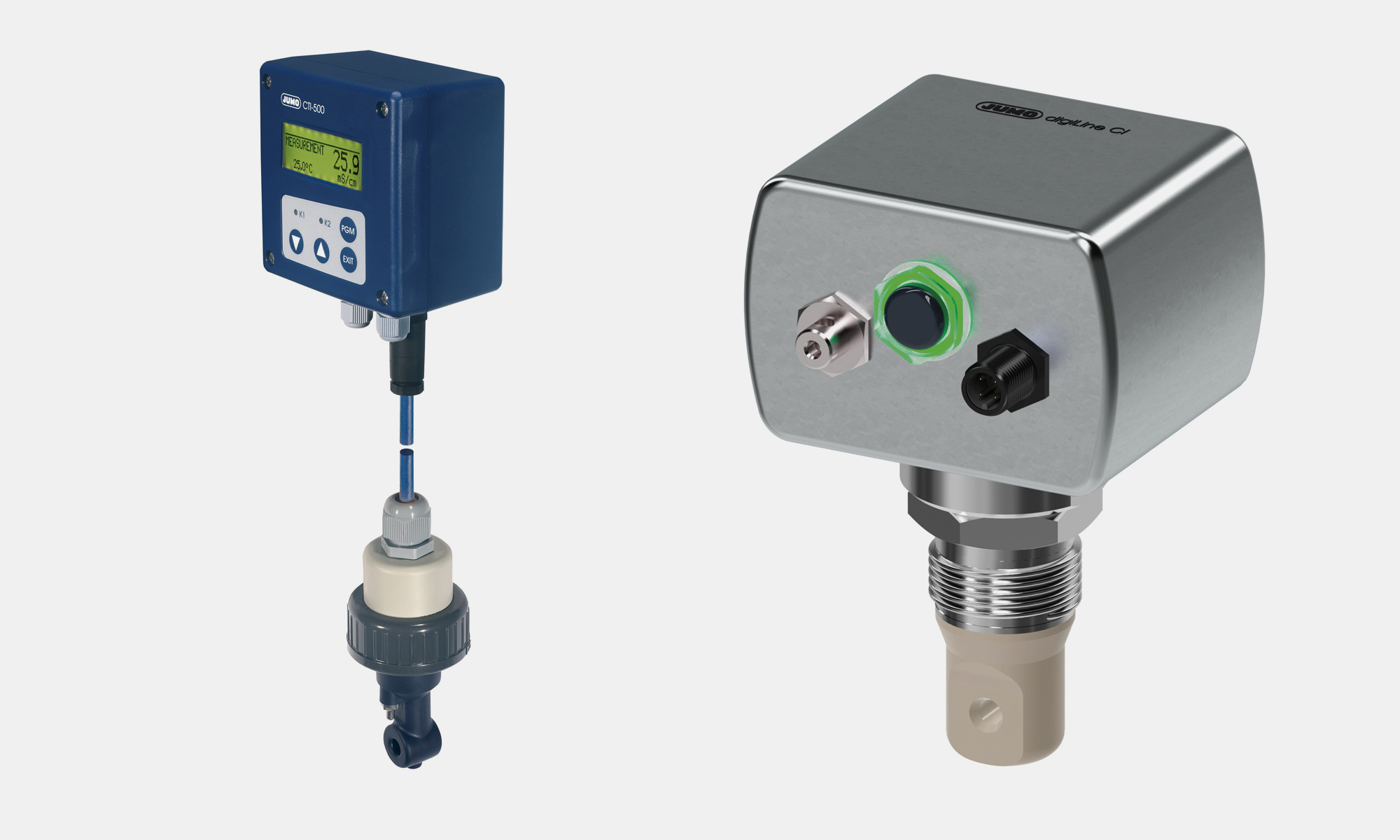 Induktive Messsysteme für hohe elektrolytische Leitfähigkeiten, z. B. JUMO CTI-500 oder JUMO digiLine Ci