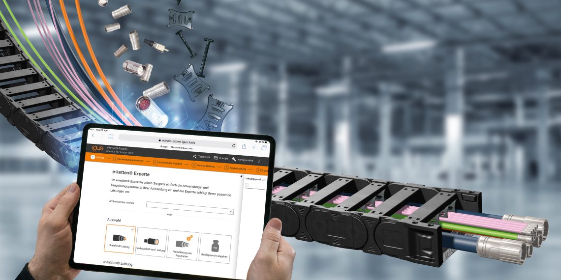 Eine einfache und schnelle Zusammenstellung eines Energiekettensystems, auch mit konfektionierten Leitungen inklusive Lebensdauerberechnung und automatischer Innenaufteilung – das alles ermöglicht der kostenlose und frei zugängliche e-ketten Experte von Igus.