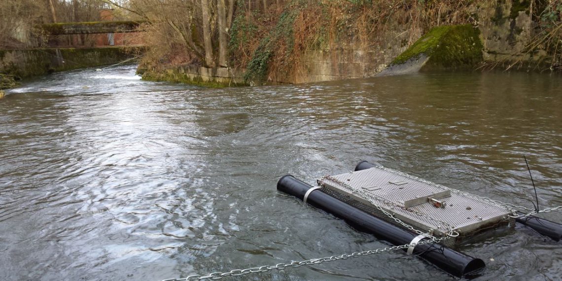 Versuchskäfig zur Haltung von Regenbogenforellen in den untersuchten Gewässern. Bild: Rita Triebskorn